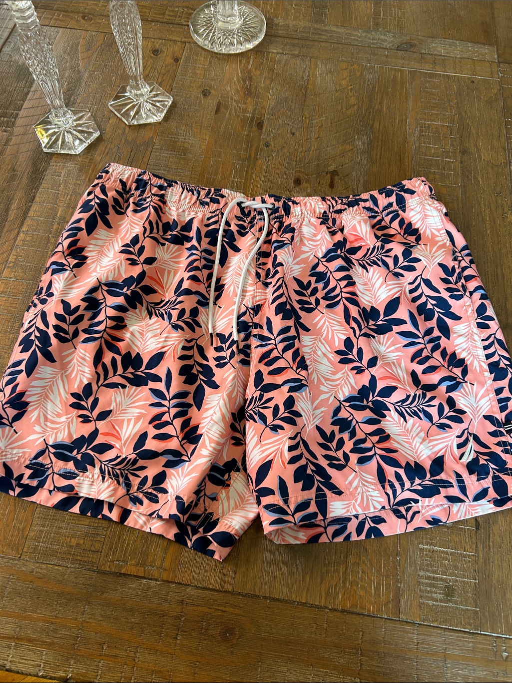 Nautica Coral Pink Swim Trunks With Navy Leaf Print